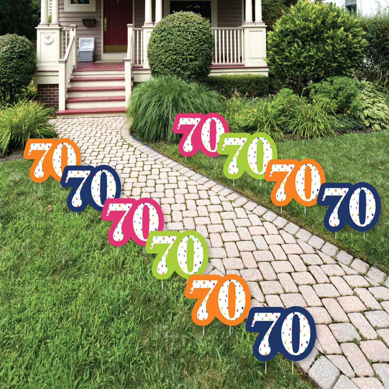 Big Dot of Happiness 70th Birthday - Cheerful Happy Birthday - Lawn Decorations - Outdoor Seventieth Birthday Party Yard Decorations - 10 Piece